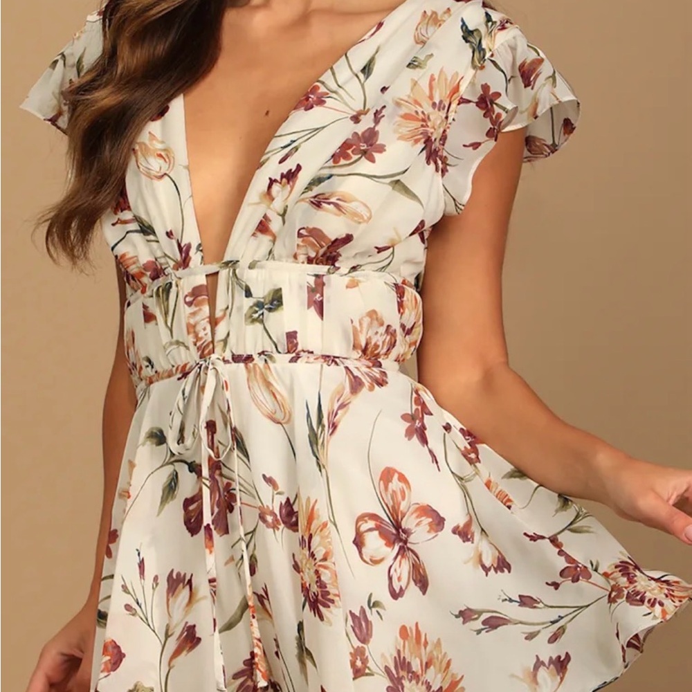 Lulu's Ivory Floral Mini Dress with Blush & Olive Accents